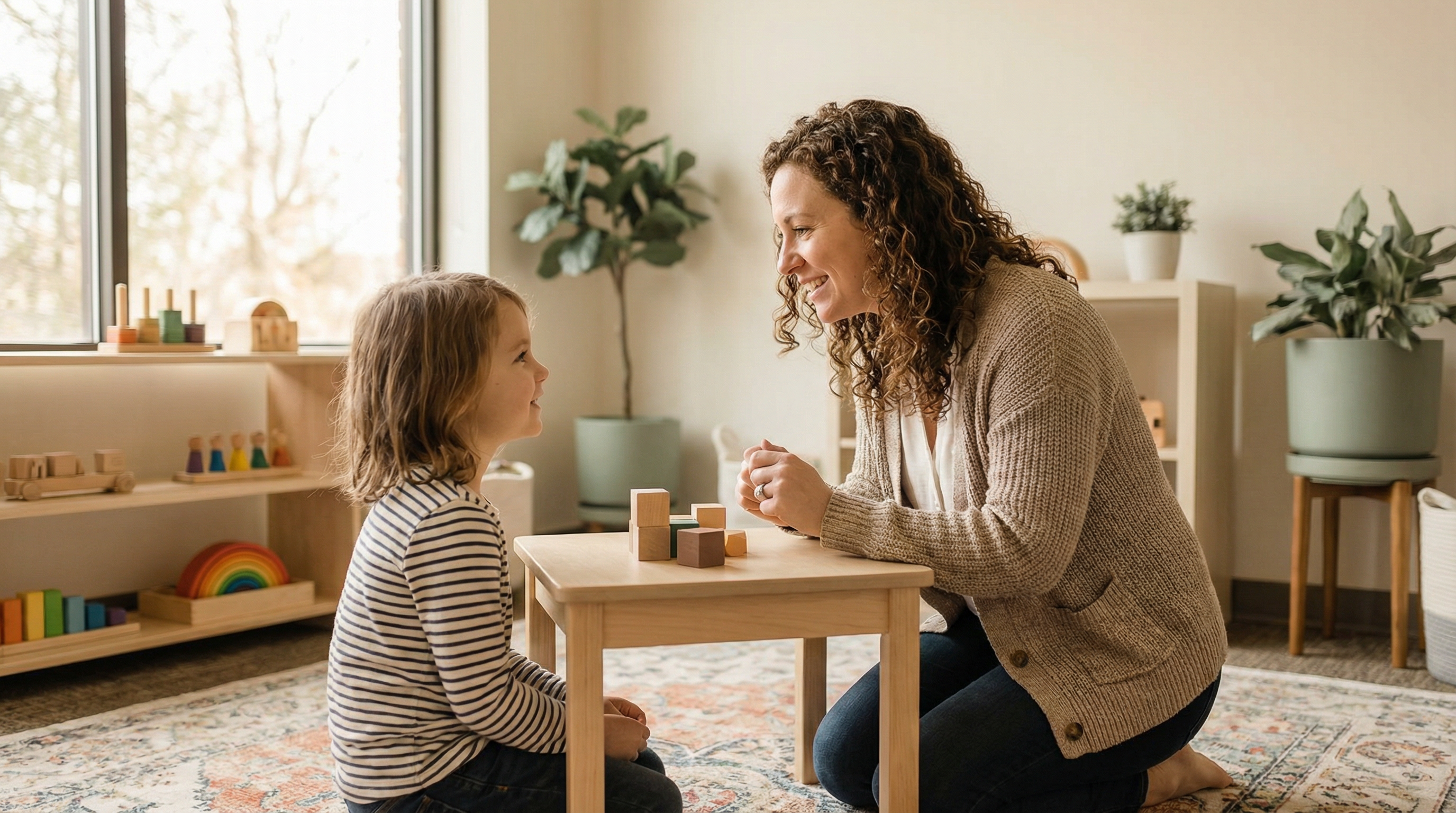 Caring therapist engaging with a child in a warm therapy setting