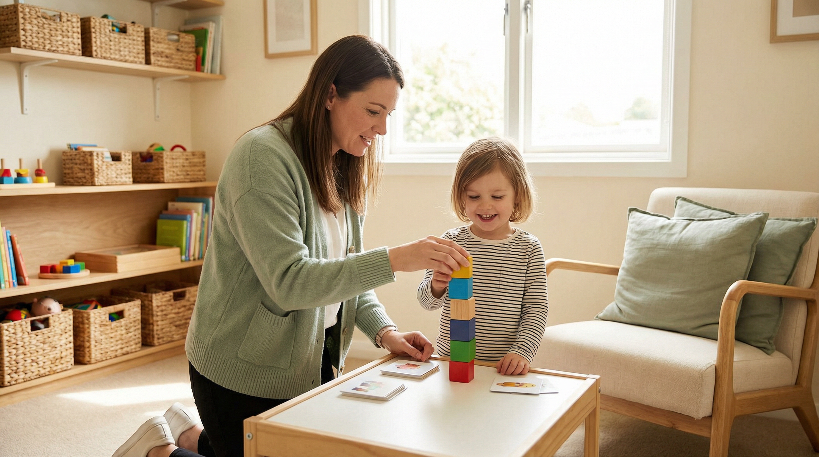Therapist working with child using educational materials